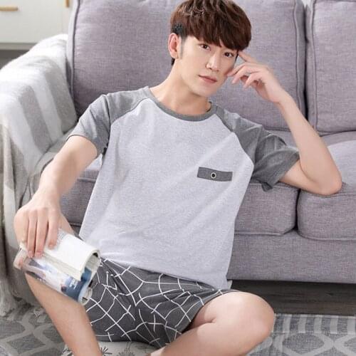 Mens plaid cotton pajamas set summer comfort short-sleeved O-neck collar shirt & half pants sleepwear casual pajamas homewear