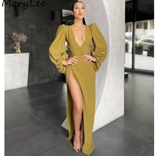 Prom Dresses Sexy V-Neck Long Sleeves Spandex Satin Side Slit Mermaid Prom Dresses With Zipper vestidos de fiesta de noche