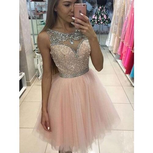 Pink A-Line Scoop Above Knee, Mini Tulle Teen Homecoming Dresses With Crystal Beading