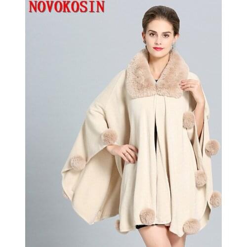 SC272 2018 Solid Black Grey Faux Fox Fur Neck Shawl Women Fur Ball Long Knitted Cardigan Winter Warm Thick Poncho Big Cloak