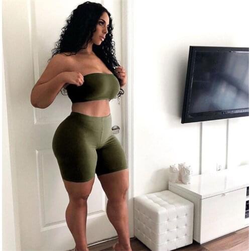CHRONSTYLE Sport Women Solid Color Two Piece Set Strapless Off Shoulder Tube Tanks Crop Tops Biker Shorts Pants Tracksuits 2021