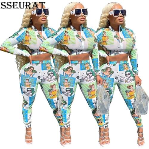 SSEURAT Two Piece Sets Womens Outfit Print Tracksuit V Neck Long Sleeve Tops and Long Pant Suits Bodycon Outfits 2021