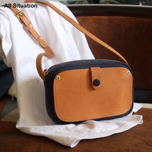 Luxury Fashion Mini Messenger Bags Ladies Canvas & Genuine Leather Panelled Casual Women Phone Bags Crossbody Shoulder Handbag