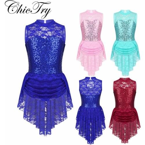 Girls Sequins Dance Ballet Tutu Dress Glitter Floral Lace Costumes Keyhole Back Figure Ice Skating Roller Skating Ballet Dresses