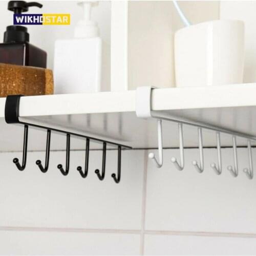 WIKHOSTAR Iron 6 Hooks Cup Holder Cupboard Hanging Rack Multifunctional Storage Rack Cabinet Door Shelf Kitchen Organizer