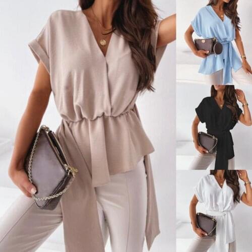 Summer Women T-shirt Solid Color Short Sleeve V Neck Bandage Loose Blouse Work Slim Blouses Tops Sexy V-neck Long Sleeve Shirt