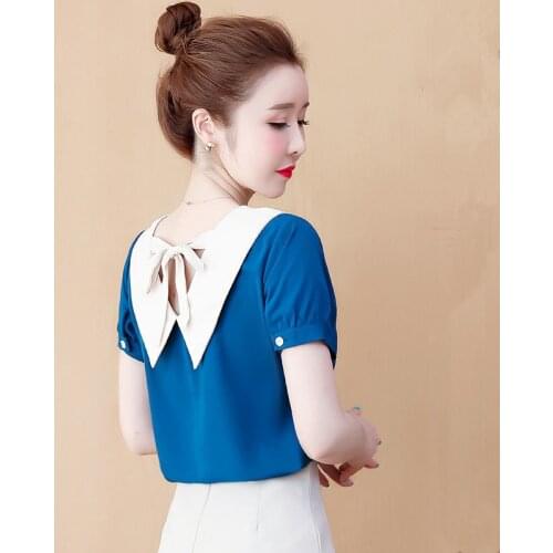 Women Spring Summer Style Chiffon Blouses Shirts Lady Casual Short Lantern Sleeve Peter Pan Collar Chiffon Blusas Tops ZZ0821