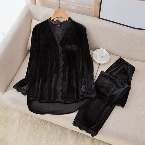 Female 2PCS Sleep Set Velvet Pajamas Suit Lace Nightwear Sexy Velour Sleepwear Intimate Lingerie Autumn Winter New Home Clothing