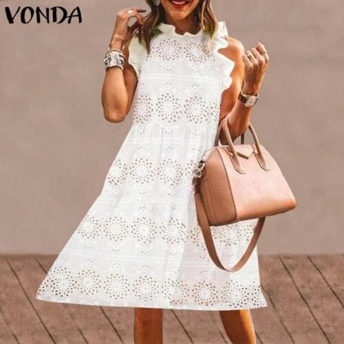 Women Mini Dress 2021 VONDA Summer Cotton Ruffled Neck Hollow Out Holiday Party Dresses Bohemian Party Vestidos S- Robe