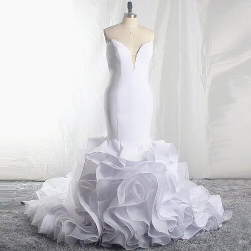 RSW1710 Plus Side Sweetheart Neckline Plain Bodycon Ruffle Skirt Mermaid White Wedding Gown