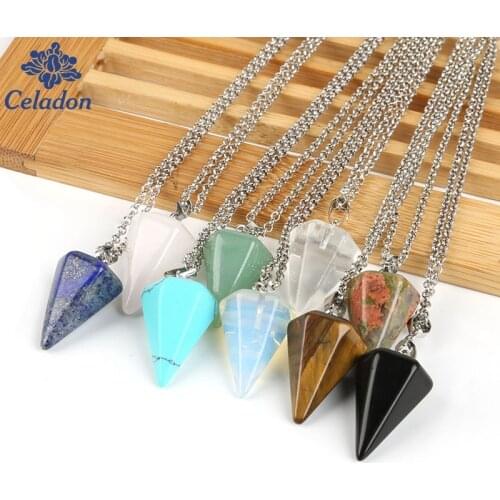 1Pcs Choker Necklace Women Hexagonal Columns Of Natural Stone Pendant Necklace 10colors Tapered Section Pendulum Crystal Pendant
