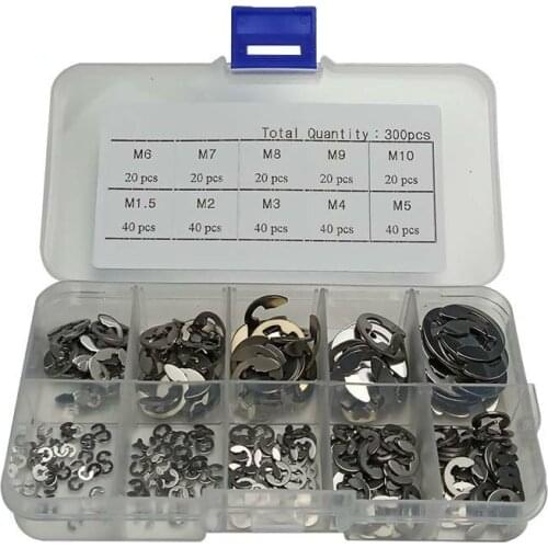 300pcs/set Stainless Steel Snap Ring E E-Clip Washer Circlip Retaining Ring for Shaft Fastener Ring Split Washers Kit M1.5-M10