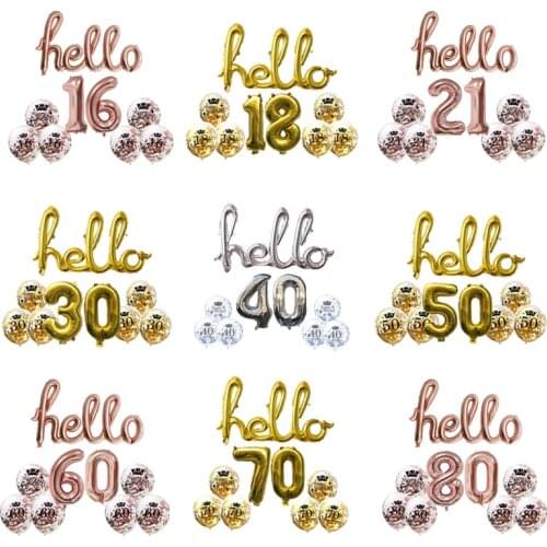 9 Pieces/set Foil Hello Balloons Crown Confetti Latex Balloons Number Globos 16th 18th 21th 30th 50th Birthday Party Decorations