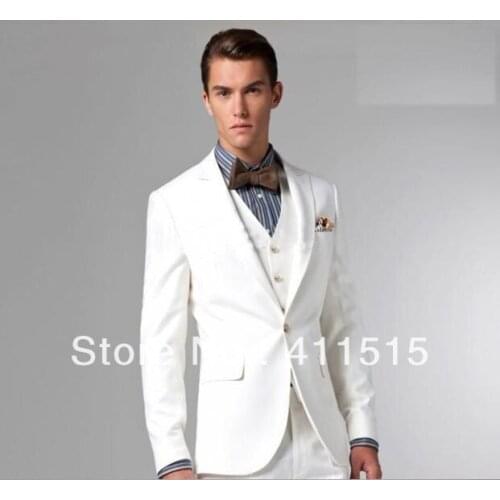 FREE SHIPPING/Custom made cheap White Peak Lapel Wedding Groom Tuxedos/Groomsmen Men Suits Bridegroom/ PARTY MEN WEAR DRESS