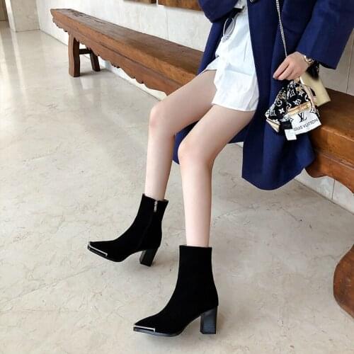 Osunlina Brand Ankle Boots Kid Suede Leather Square Toe High Square Heels Boots For Woman Metal Decoration Handmade Shoes A011