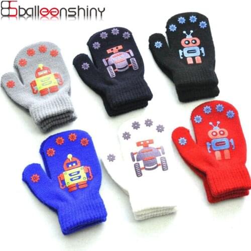 Balleenshiny Childrens Winter Warm Cold Baby Gloves Cute Little Robot Pattern Printing Non-slip Knitted Kids Gloves Boy Girls