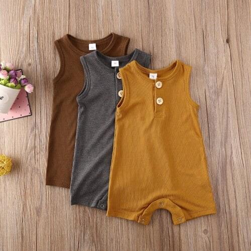 2020 Baby Summer Clothing Cotton Infant Romper Kids Baby Boy Girl Clothes Sleeveless Solid Single Breasted Casual Jumpsuit 0-18M