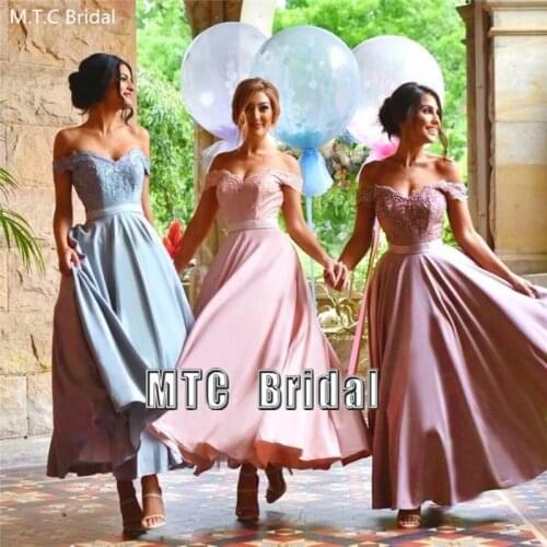 Baby Blue Elegant Evening Dress Off The Shoulder Appliques Satin Plus Size Prom Gown New Arrival Women Wedding Party Dresses