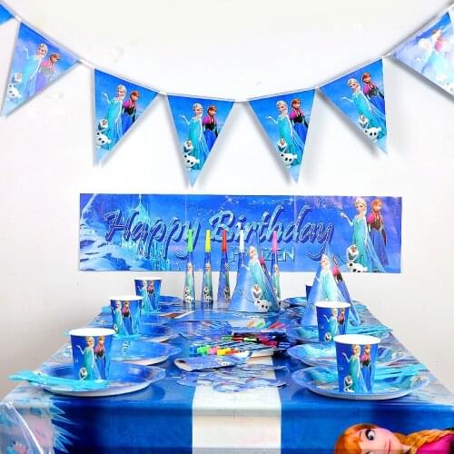 Disney frozen elsa happy Birthday kids Party Decoration Disposable Tableware Paper Plate Cup Flag baby Boy Shower Party Supplies
