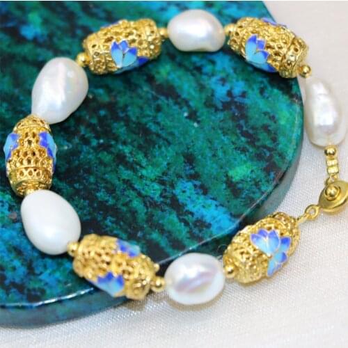 Natural White 12-14mm Irregular Pearl Cloisonne Beads Bracelets for Women Original Design Elegant Fashion Jewelry 7.5inch B3003