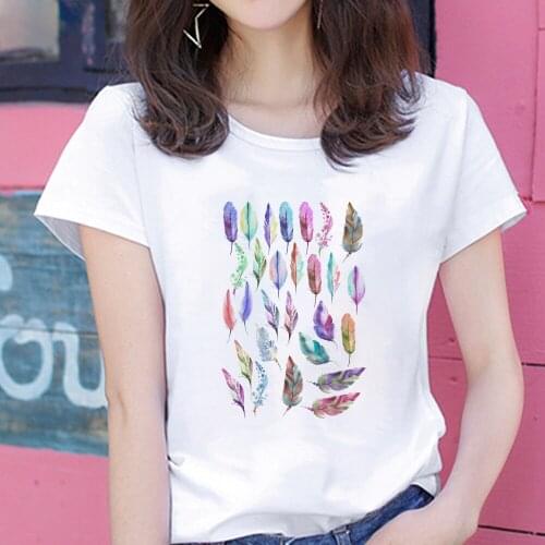 Harajuku Tee Shirt Femme Colored Feathers Print Funny Women T-shirt Summer Loose Short Sleeve Tee Tops Ladies Clothes Ropa Mujer