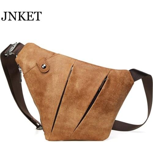 JNKET New Mens Retro Cowhide Chest Bag Casual Shoulder Bag Travel Sling Bag Crossbody Bags