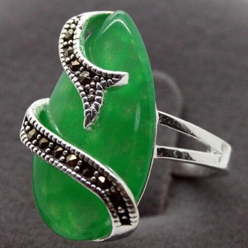 24*13mm silver color Natural Green Natural Stone Snake Shape Marcasite Ring Size 7/8/9/10