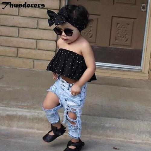 Hot Sale 2017 Girls Clothes Set 3 pcs Blouse Shirt & Hair Band& Ripped Jeans Hole Baby Girls Clothing Set Summer Drop Shipping