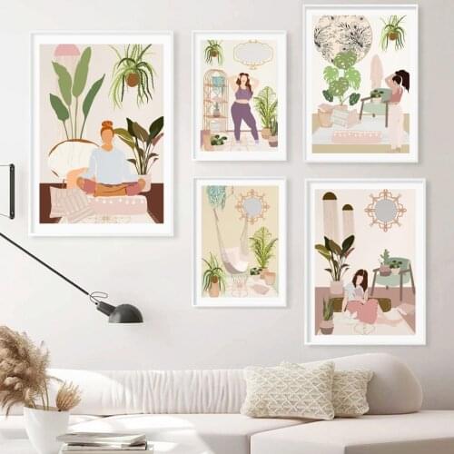 Yoga Woman Plant Monstera Boho Wall Art Canvas Interior Painting Nordic Posters And Prints Wall Pictures For Living Room Decor