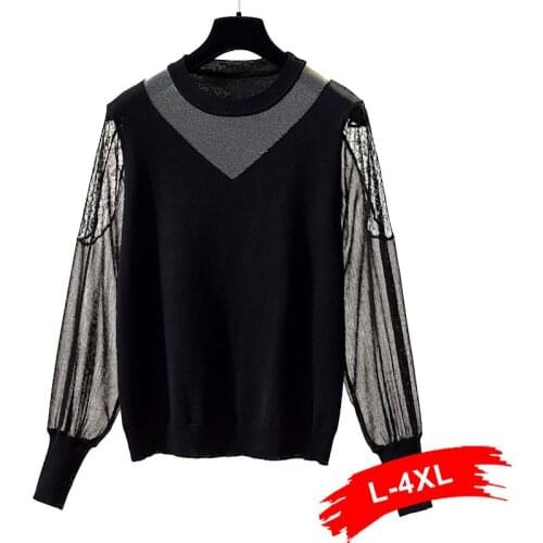Size Half High Plus Neck Sheer Mesh Insert Halter Sweater 5XL Autumn Knitting Bottoming Jumper Pullover Sweaters Pull Femme