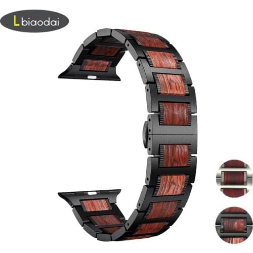 Wood strap for Apple watch band 5 4 44mm 40mm iWatch 3 band 42mm 38 mm bracelet Natural Red Sandalwood+Stainless steel watchband
