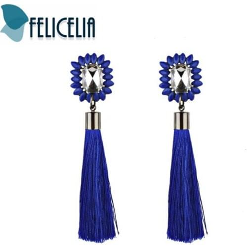 Felicelia Ethnic Long Tassel Earrings Blue/ Black/ Pink Silk Fringed Cubic Zirconia Dangle Earrings For Women Statement Jewelry