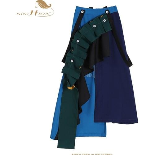 SISHION Irregular High Streetwear Women Skirt WF0241 Fashion High Waist Patchwork Blue Long Midi Skirt Elastic Waist