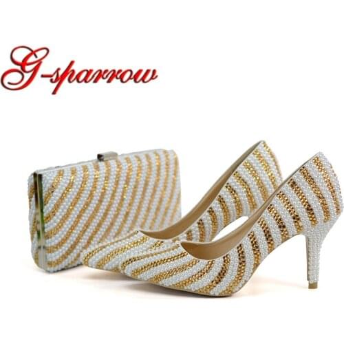2018 New Designer Handmade Pointed Toe Wedding Shoes Mix White and Gold Color Bridal Dress Shoes with Matching Purse 8cm Heel