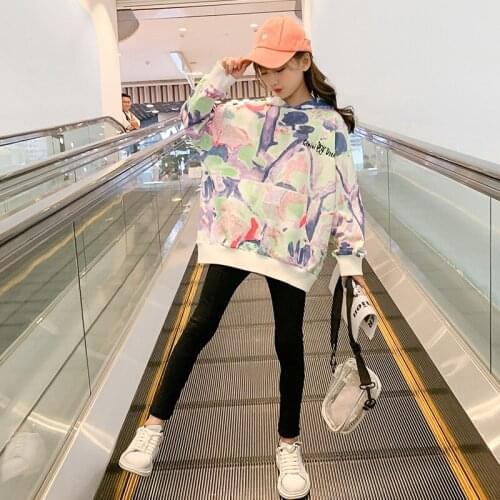 Spring Fall Girls Sweatshirts Children Print Casual Cute Hoodies Cotton Long Sleeve Sweatshirt Korean Childrens Sportwear 9 10Y
