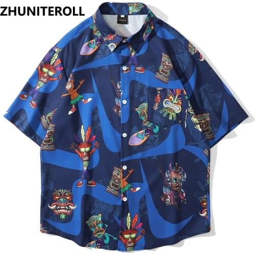 Streetwear Shirt Men Harajuku Funny Cartoon Print Hip Hop Summer Beach Shirt Pocket Hawaiian Short Sleeve Fashion Tops Clothing