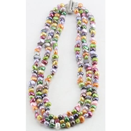 Unique Pearls jewellery Store,3rows 7-8mm Multicolor Freshwater Pearl Necklace,Baroque Pearl Jewelry