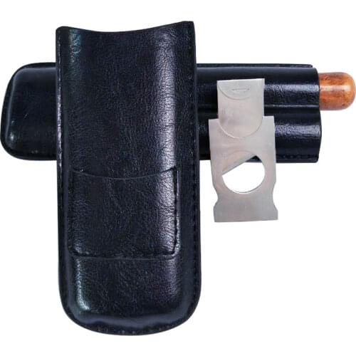 High Quality Humidor Holder Load 2 Pcs Cigars Tube Portable Leather Cigar Case with Cigar Cutter