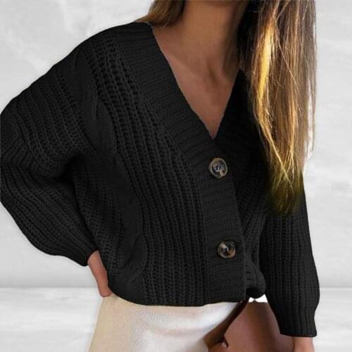 Fashion Casual lovelyShort Cardigan Twist Pattern V Neck Thick Thread Single-breasted Long Sleeve Sweater Streetwear Daily Women