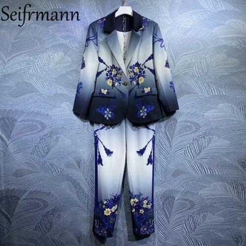 Seifrmann New 2021 Summer Women Fashion Designer Pants Set Long Sleeve Coat + High Waist Floral Print Long Pants Two Pieces Suit