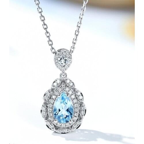 Vintage aquamarine blue crystal topaz gemstones diamond pendant necklaces for women white gold silver color jewelry fashion gift