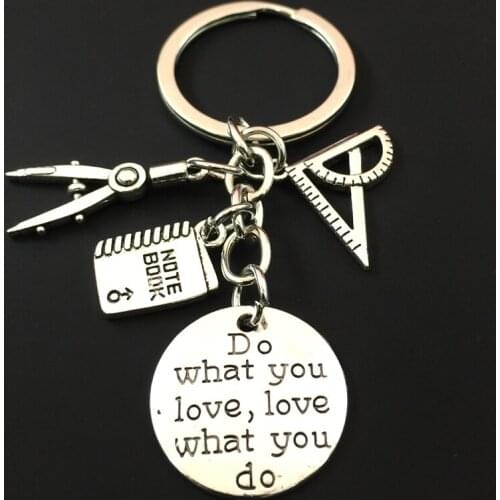 1 piece of math jewellery key ring, triangle ruler, compass pendant, vintage metal keychain, gift from students and teachers