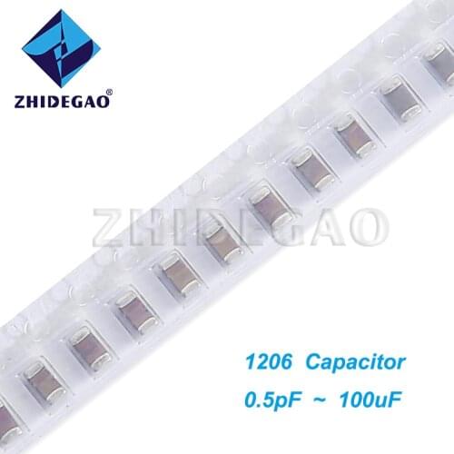 100pcs 1206 SMD Thick Film zhidegao Chip Multilayer Ceramic Capacitor 0.5pF-100uF 10NF 100NF 1UF 2.2UF 4.7UF 10UF 47UF ZHIDEGAO