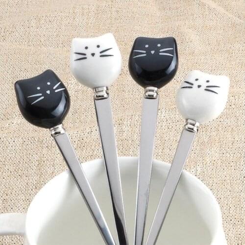 40B 1PC Flatware Kitchen Tool Ice Cream Cartoon Spoon Stainless Steel Coffee Spoon Cat Ceramic Spoon