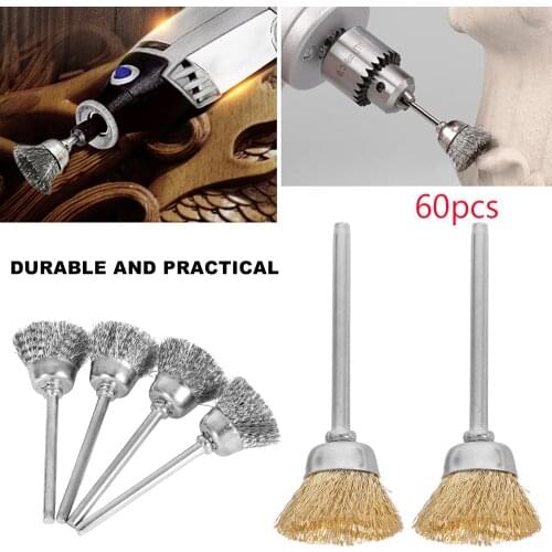 60pcs Steel Copper Wire Wheel Brush Set Polishing Brush Set for Metal 3.0mm Shank Rotary Brush for Micro-electronic Drill Tool