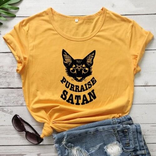 Purraise Satan 100% Cotton T-shirt Funny Womens Halloween Devil Worship Tshirt Spooky Cat Mom Autumn Holiday Top Tee Shirt