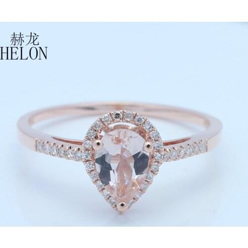 HELON Solid 14K Rose Gold Flawless Pear 0.8ct Natural Morganite Diamonds Engagement Ring Women Wedding Trendy Fine Jewely Gift
