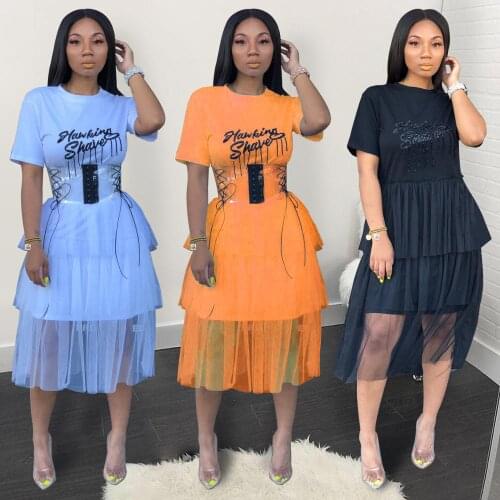 Fashion Casual Solid Knitted Mesh Letter Print O-Neck Pleated Dresses Midi Dresses Women Long Dresses