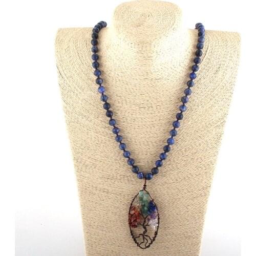 MOODPC Fashion Bohemian Tribal Jewelry Stones Long Knotted Necklaces 7 Chakra Life Pendant Women Ethnic Necklace