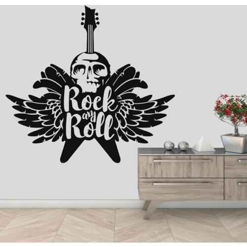 Rock N Roll Guitar With Skull And Wing Decal Wall Sticker For Home And Music Room Decoration A001682
